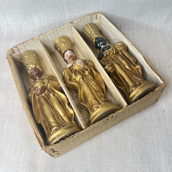Vintage Mid Century 3 King Candle Holder Painted Plaster Wisemen Christmas Decor - Picture 1 of 13